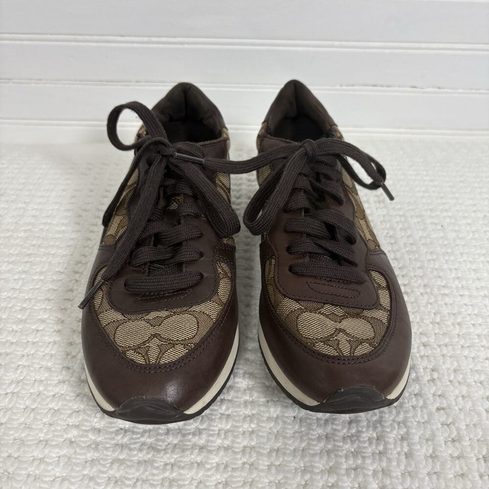 COACH Farah Women's Retro Sneakers Brown & Khaki 6B Signature C Leather Jacquard - Picture 2 of 16
